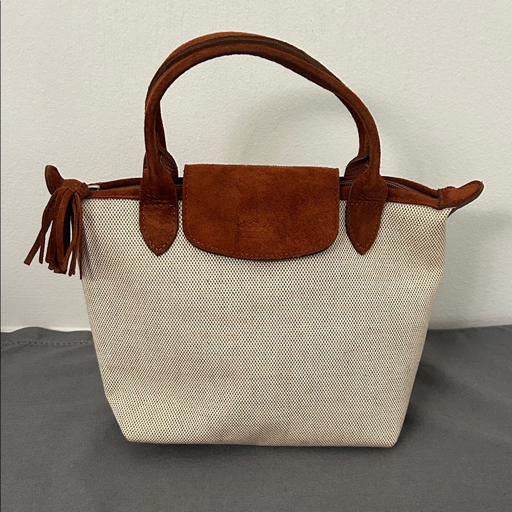 Vintage Longchamp Paris Cream Canvas Tote with Brown Suede Trim and Tassel